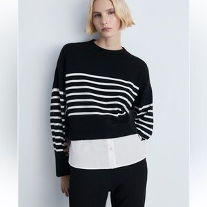 Miou Muse Black and White Striped Crew Neck Crop Sweater